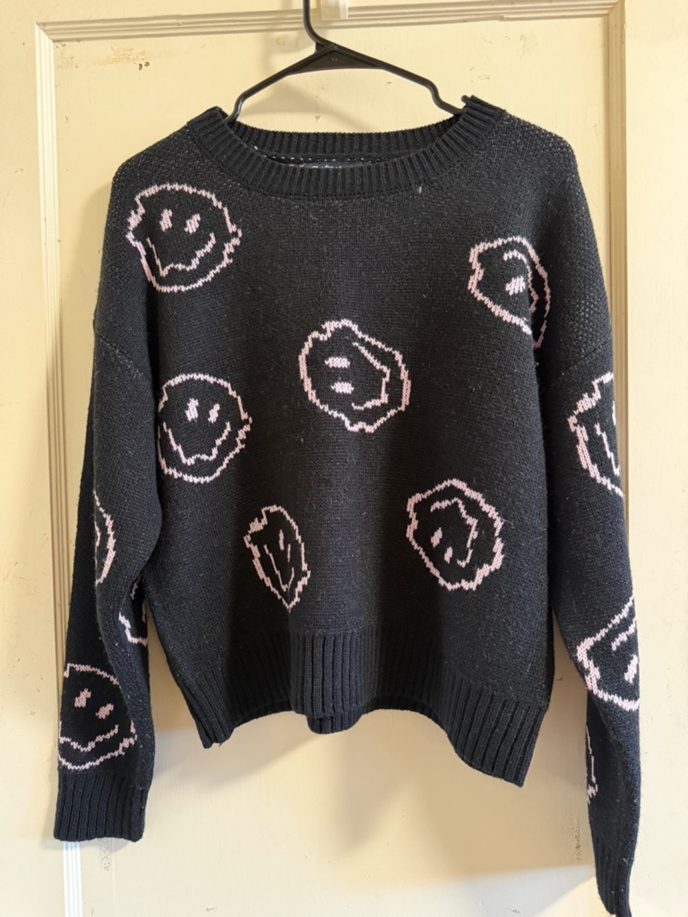 Black Crewneck Sweater with Pink Smiley Pattern